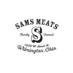 Black-and-white logo for Sam’s Meats, established 1908, in Wilmington, Ohio.