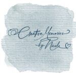 Light blue watercolor badge with cursive quote text and a small heart icon