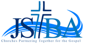 Logo for JS/BA, an association of churches, with a cross, waves, and the text