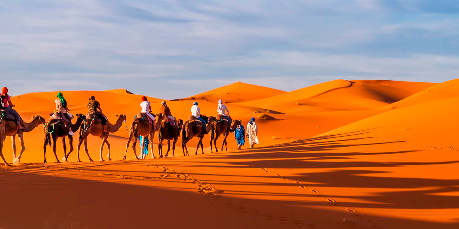 Camel caravan crossing bright orange desert dunes under a clear sky