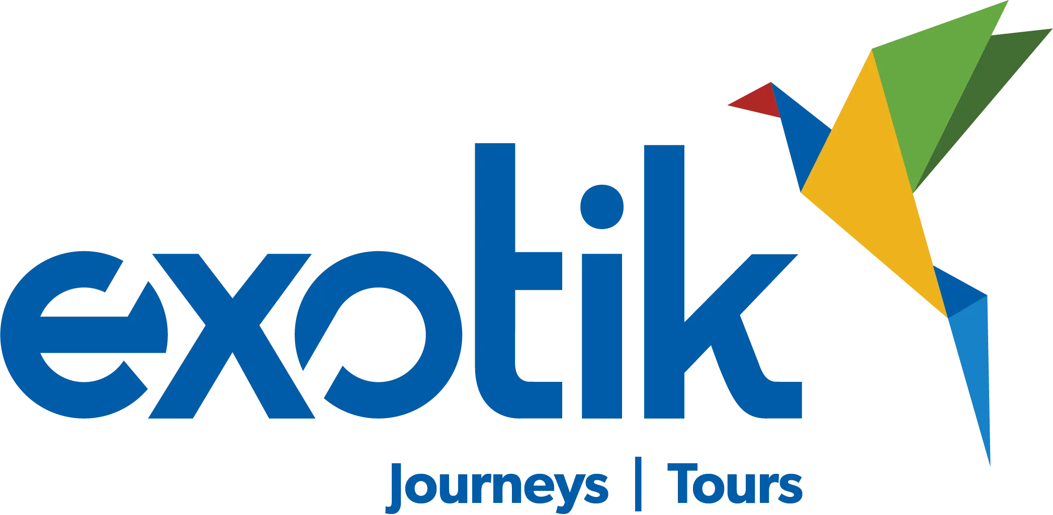 Exotik Journeys Tours logo in blue and orange with abstract bird mark