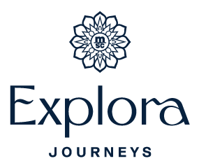 Exploa Journeys logo with navy floral emblem and wordmark on white background