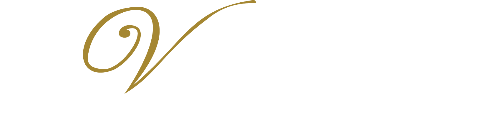 Travel Time Logo in White with a Gold cursive V
