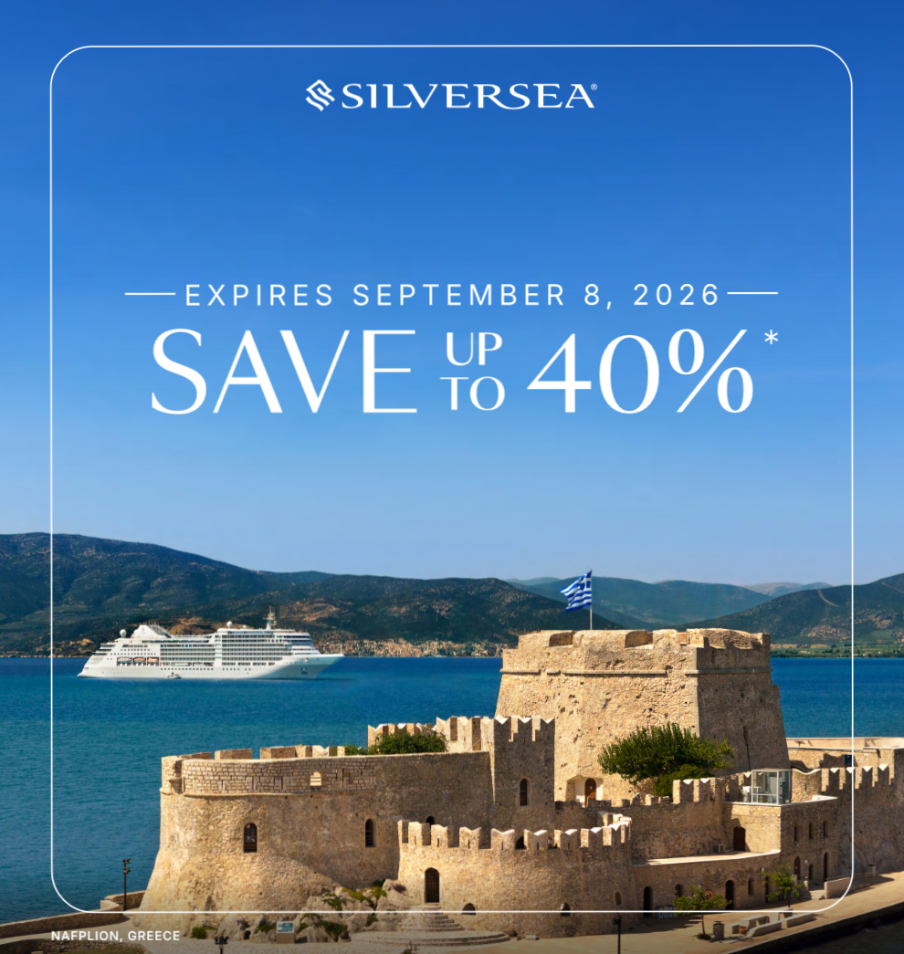 SilverSea ad: cruise ship by seaside fortress, blue sky, “Save up to 40%” text