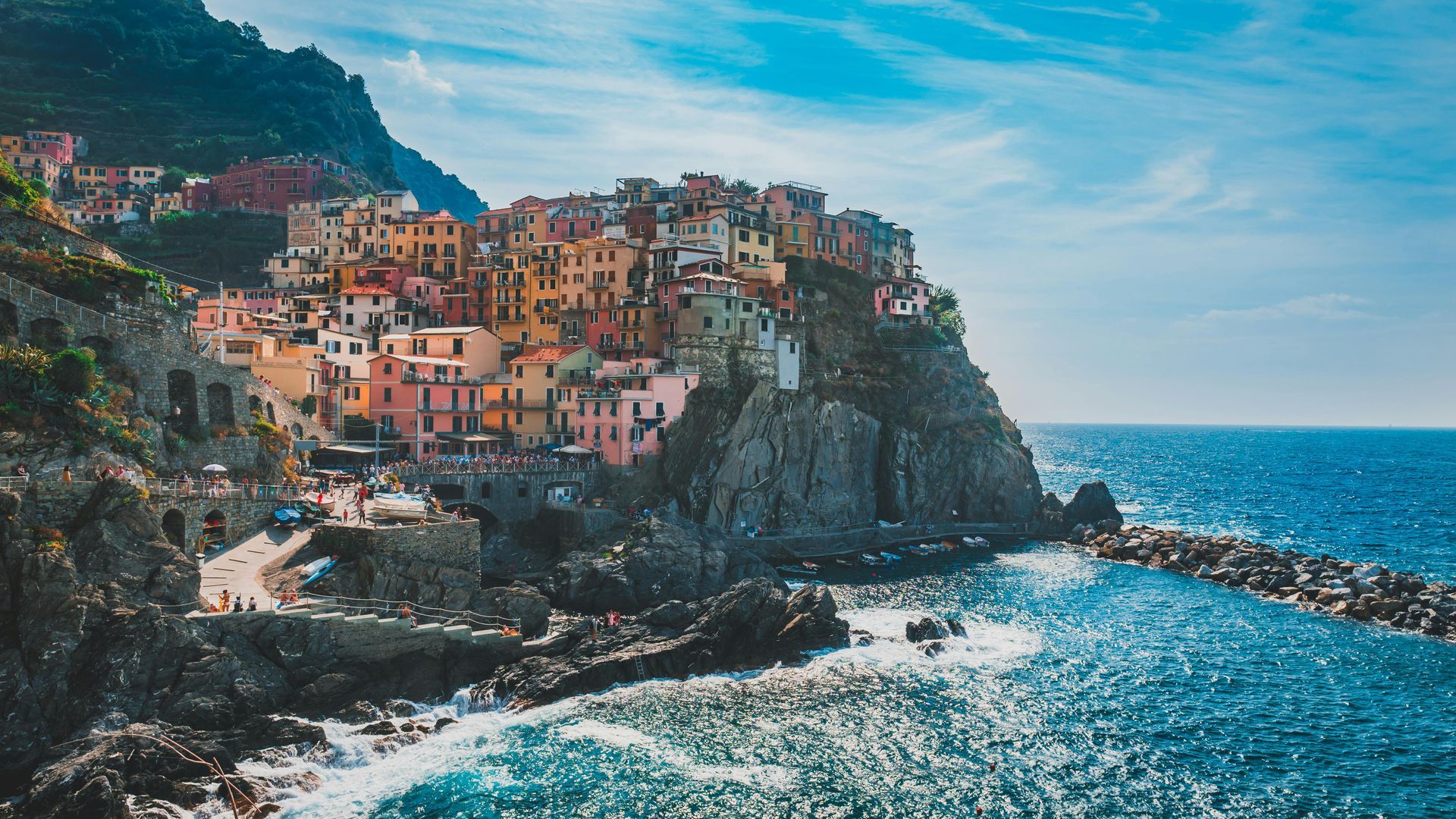 One of the villages of Cinque Terre sits on a cliff, overlooking the ocean.
