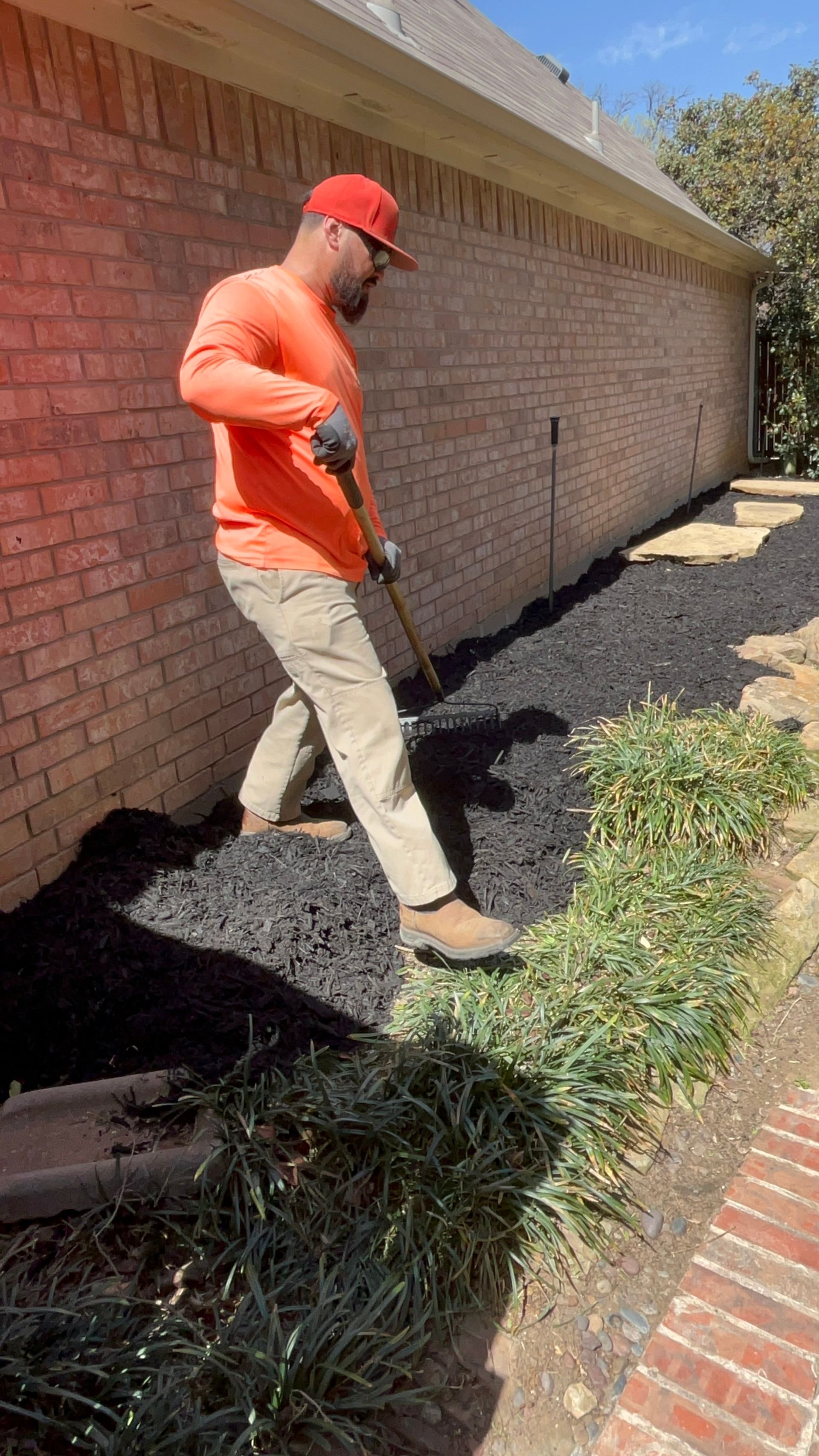 Man spreads black mulch along a brick wall, wearing orange shirt and khaki pants, in a sunny yard.