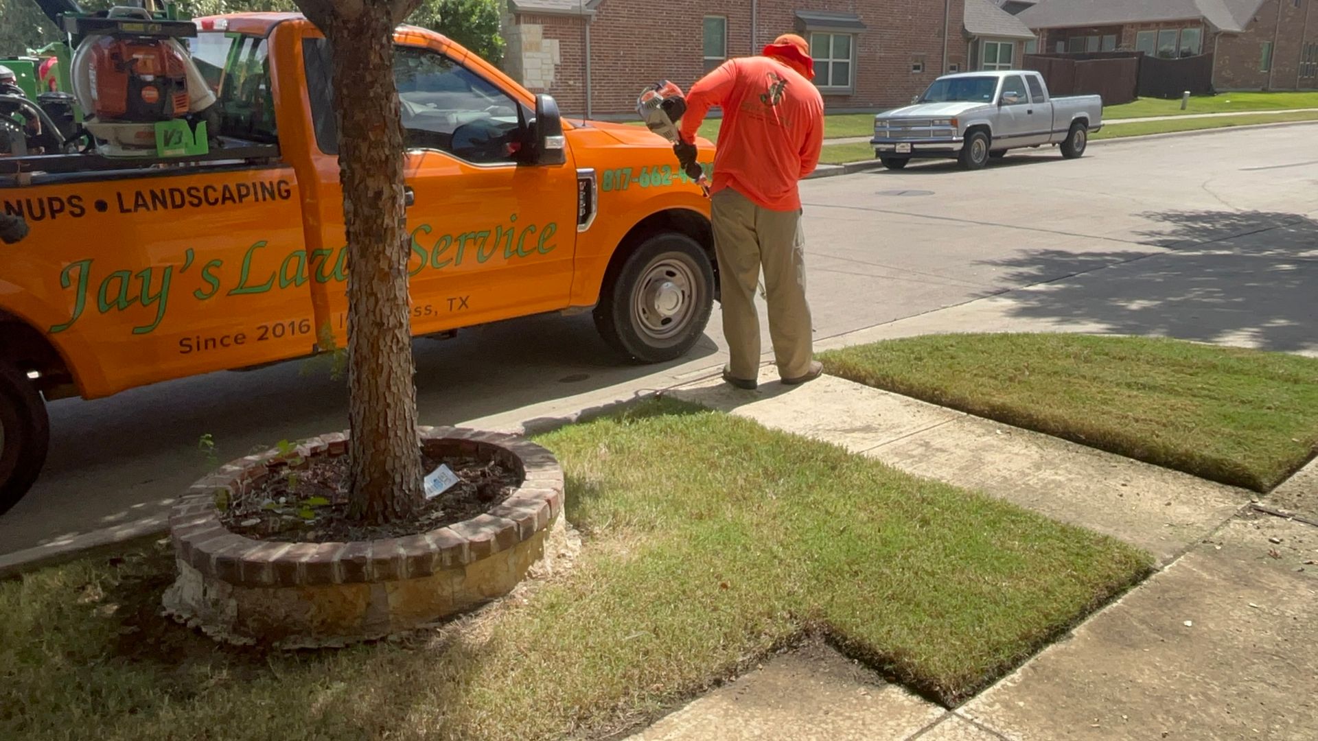Man in orange shirt standing near an orange pickup truck, laying sod near a tree on a sidewalk.