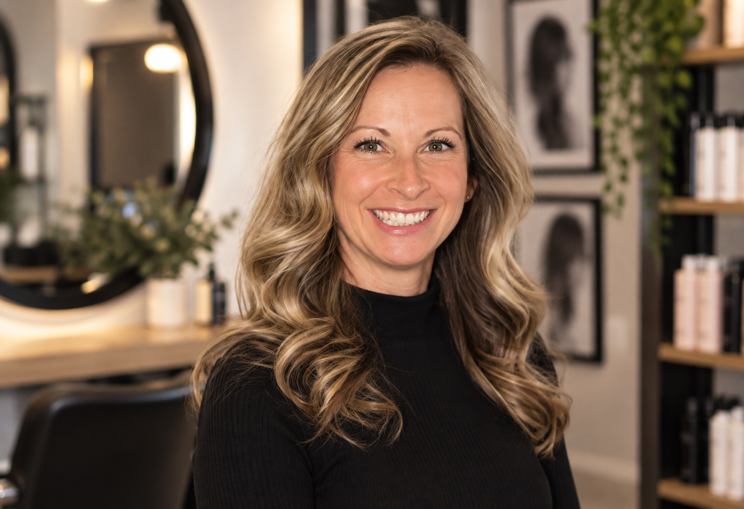 Smiling woman in a black sweater in a stylish home interior with framed art and a round mirror