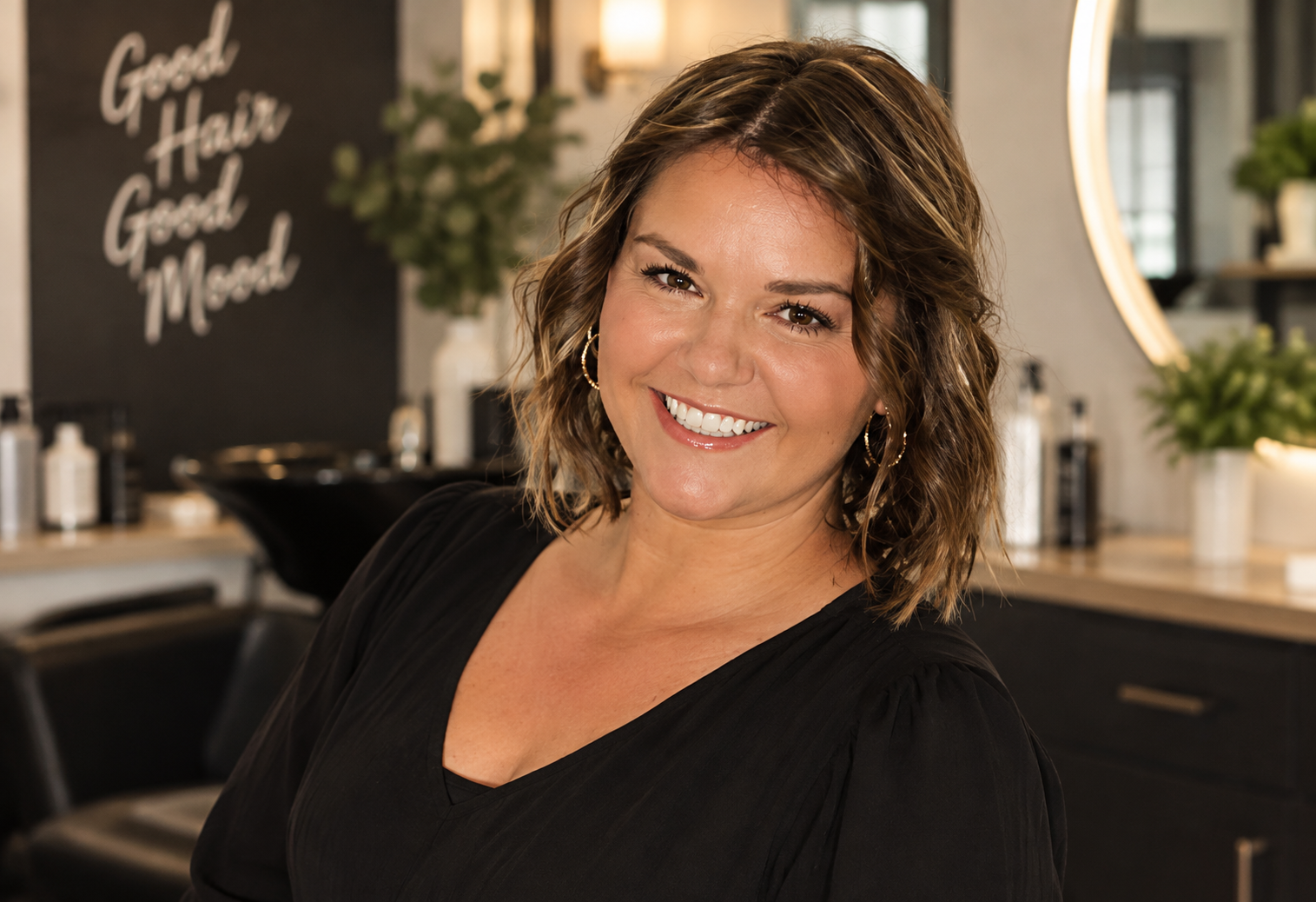 Smiling woman in a black top standing in a salon with a “Good Hair, Good Mood” sign in the background