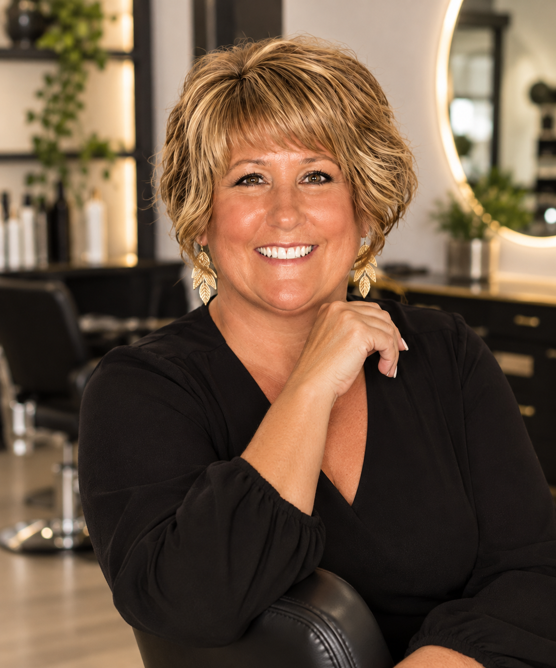Smiling person in a black top seated in a modern salon with a softly lit mirror in the background