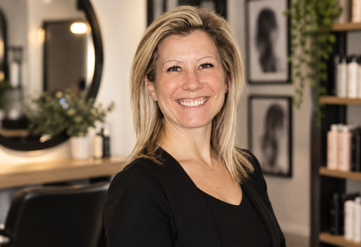 Smiling woman in a black top standing in a stylish salon or studio interior