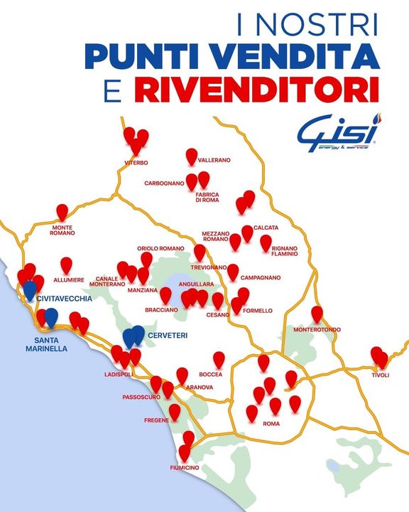 Mappa dell'Italia che mostra i punti vendita e i rivenditori Gisi, contrassegnati da indicatori rossi e blu.