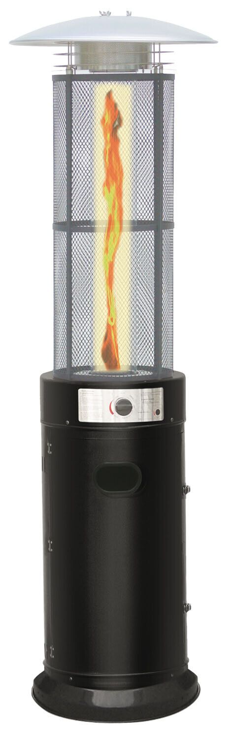 Un riscaldatore da esterno cilindrico di colore nero con una fiamma visibile all'interno di un alto tubo di vetro a rete, sormontato da un cappuccio circolare argentato.