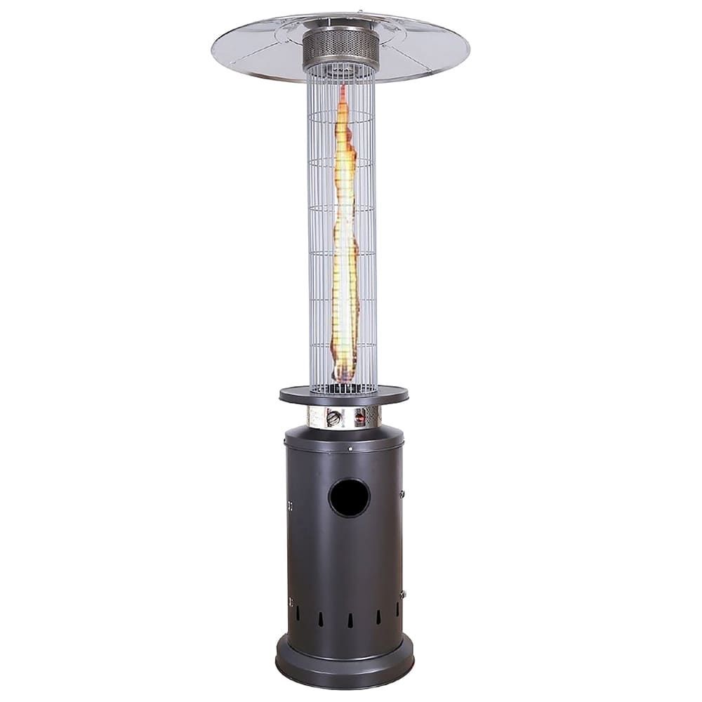Un riscaldatore da esterno alto, di colore grigio scuro, con base cilindrica e un tubo di vetro centrale che lascia intravedere una fiamma giallo brillante.