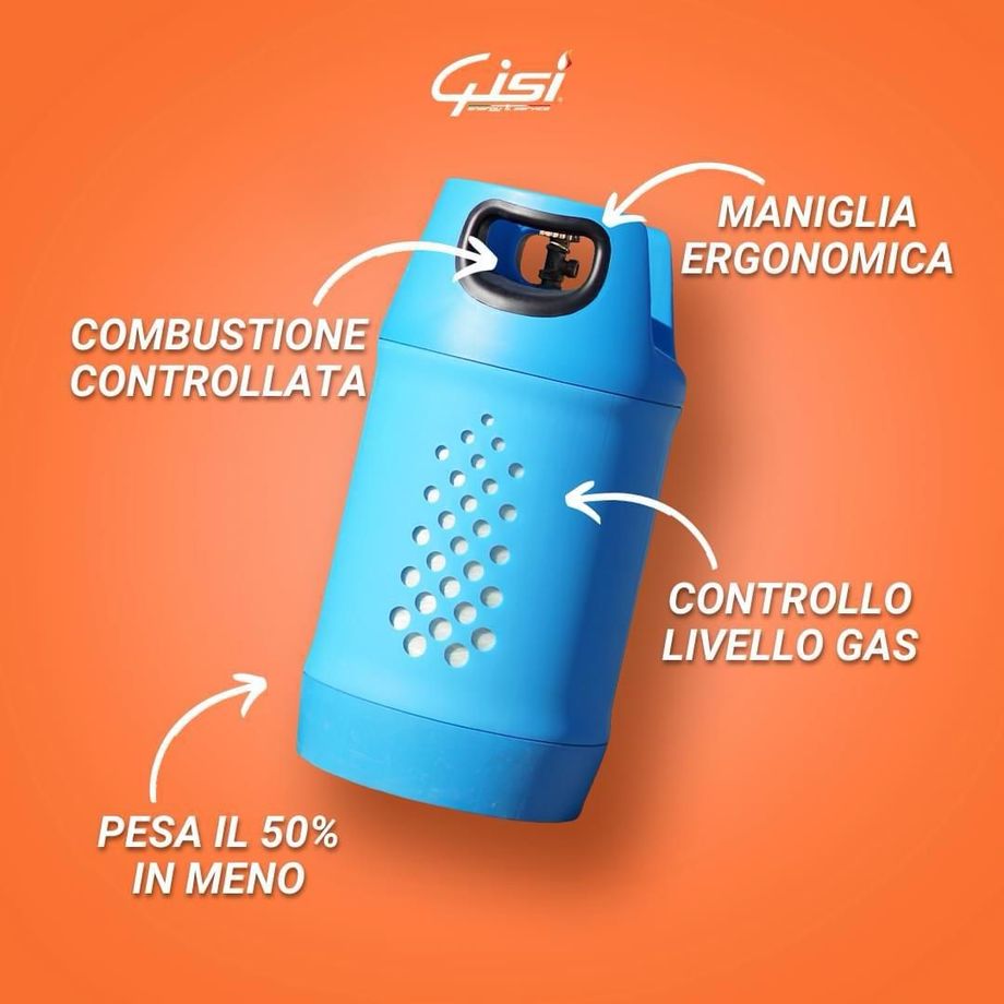 Una bombola di gas blu su sfondo arancione, con etichette che indicano l'impugnatura ergonomica, il peso e il livello del gas.