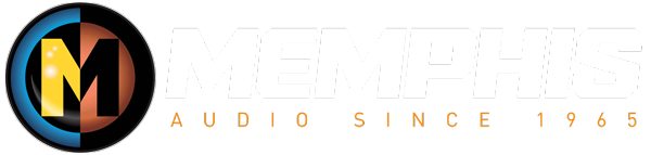 Logo for Memphis Audio, featuring a circular icon with a yellow
