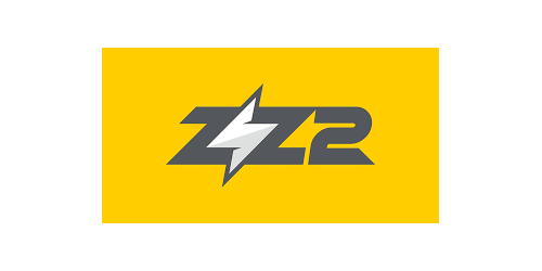 A yellow rectangle featuring a stylized dark gray logo of the letters