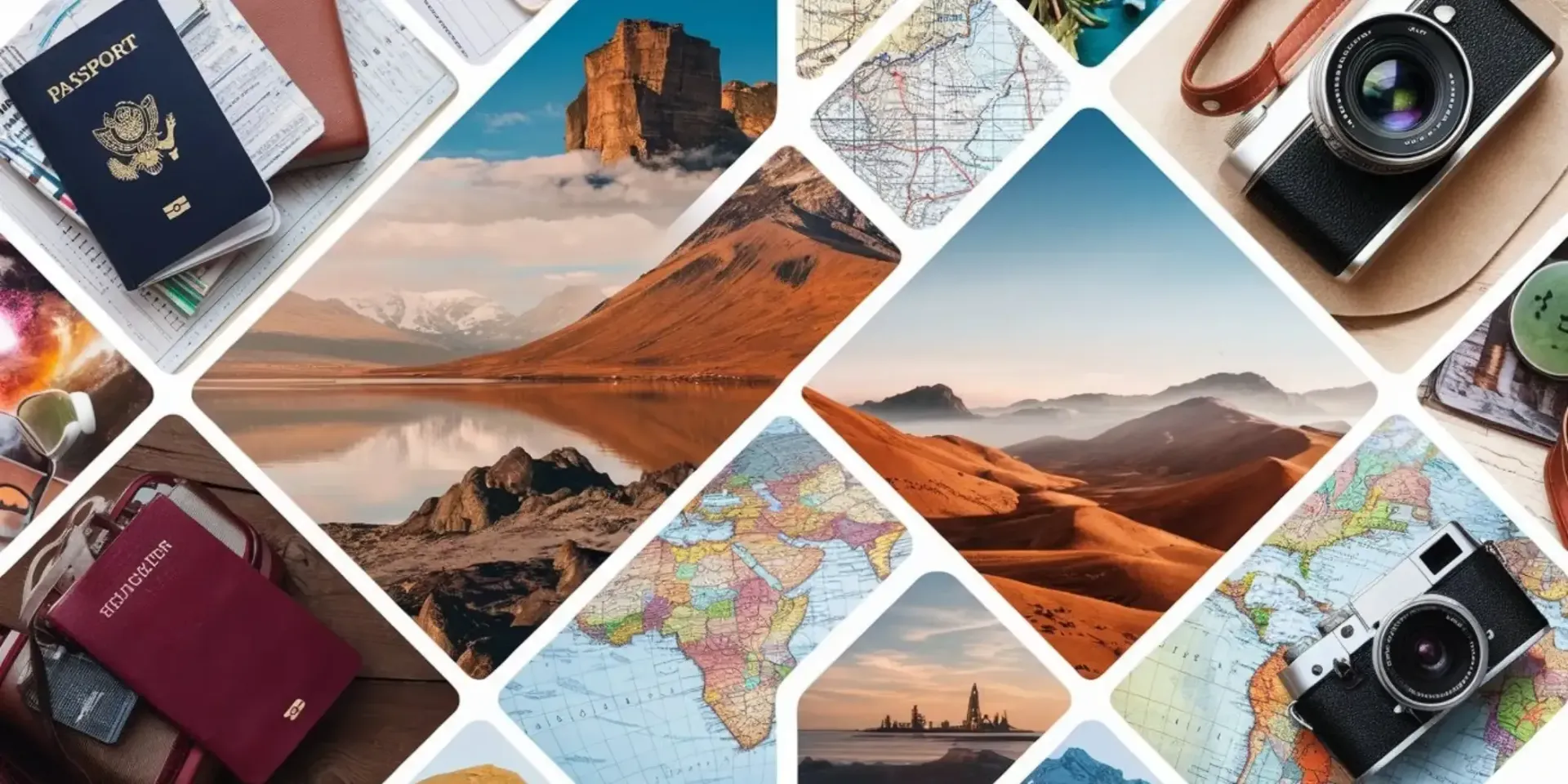 Colagem de viagem com passaportes, mapas, paisagens desérticas e câmeras em fundo branco.