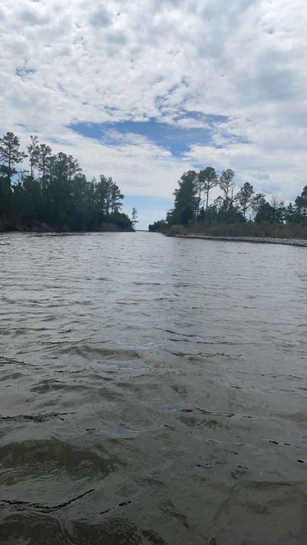 Calm river under a cloudy sky, with tree-lined banks on both sides.