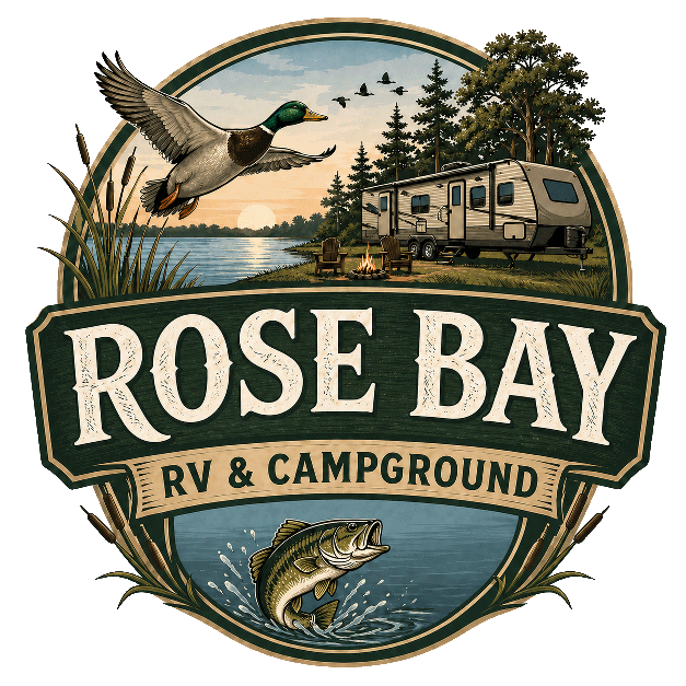 Rose Bay RV & Campground logo with duck, fish, trees, and an RV by a lakeside sunset