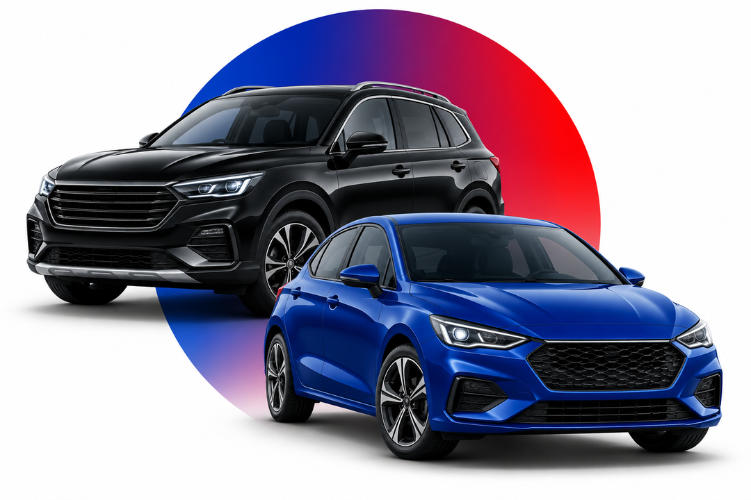 Due SUV, uno nero e uno blu, su uno sfondo bianco con un cerchio sfumato rosso-blu