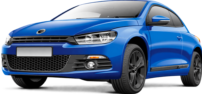Auto sportiva coupé blu su sfondo bianco, vista frontale angolata