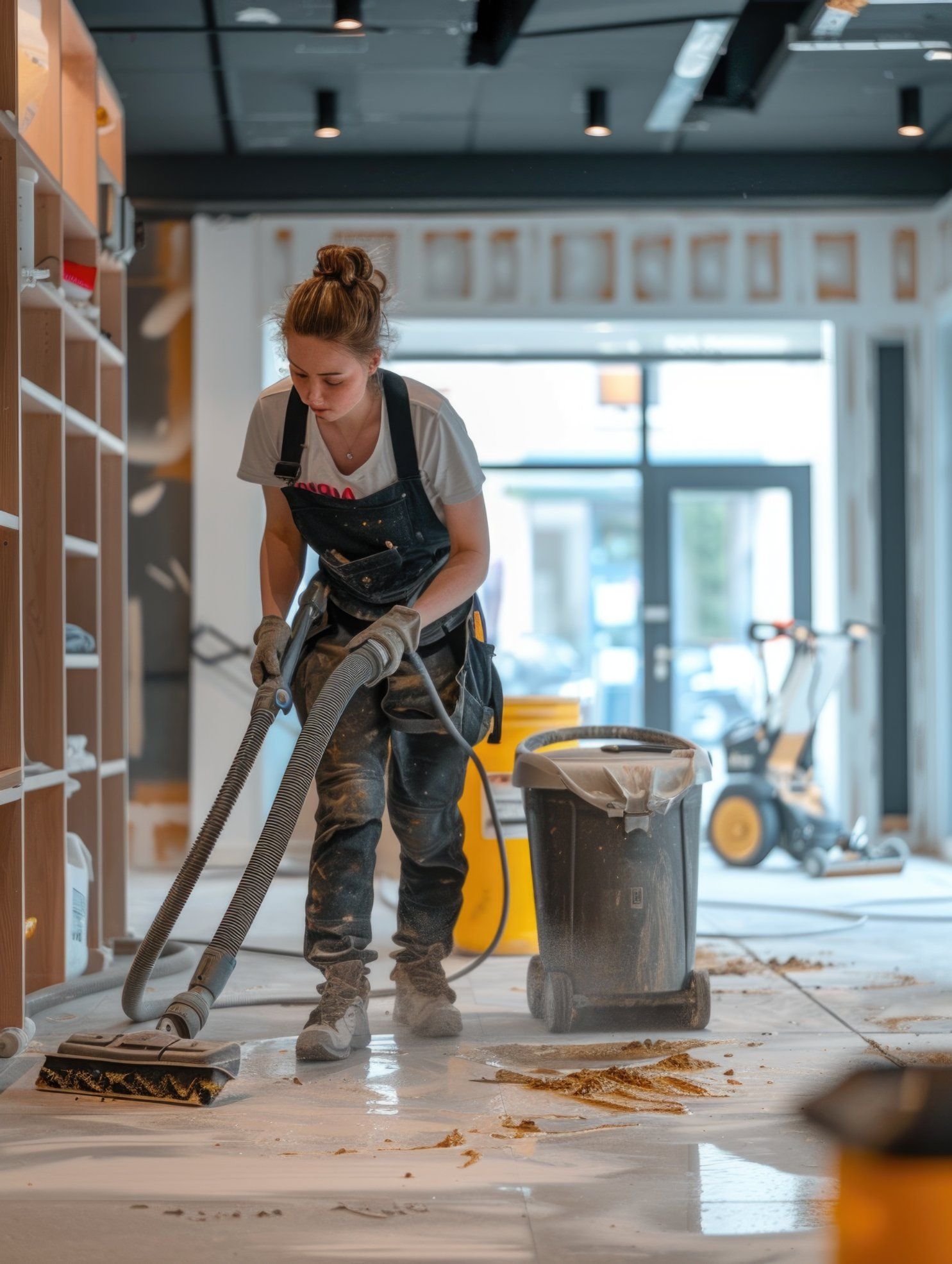 A person in work coveralls uses a vacuum to clean debris from a light-colored floor inside a building under construction.