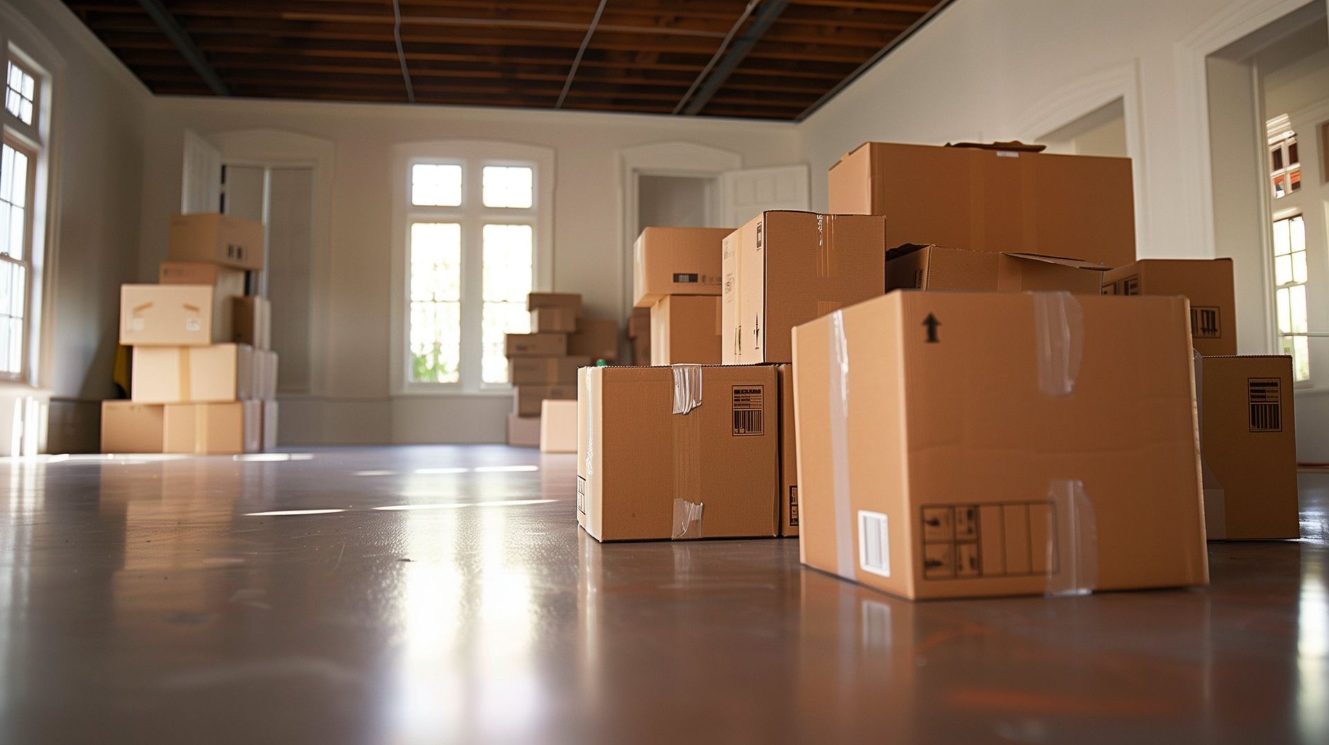 A spacious, empty room with polished wooden floors containing several stacks of cardboard moving boxes.
