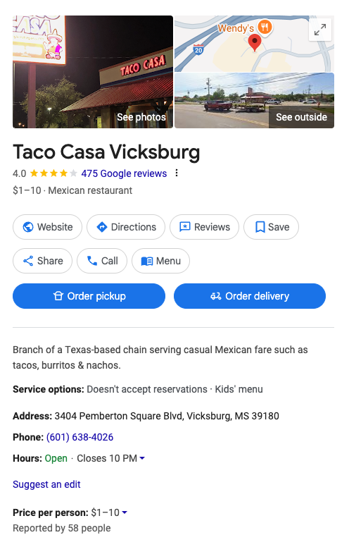 taco casa vicksburg google business profile