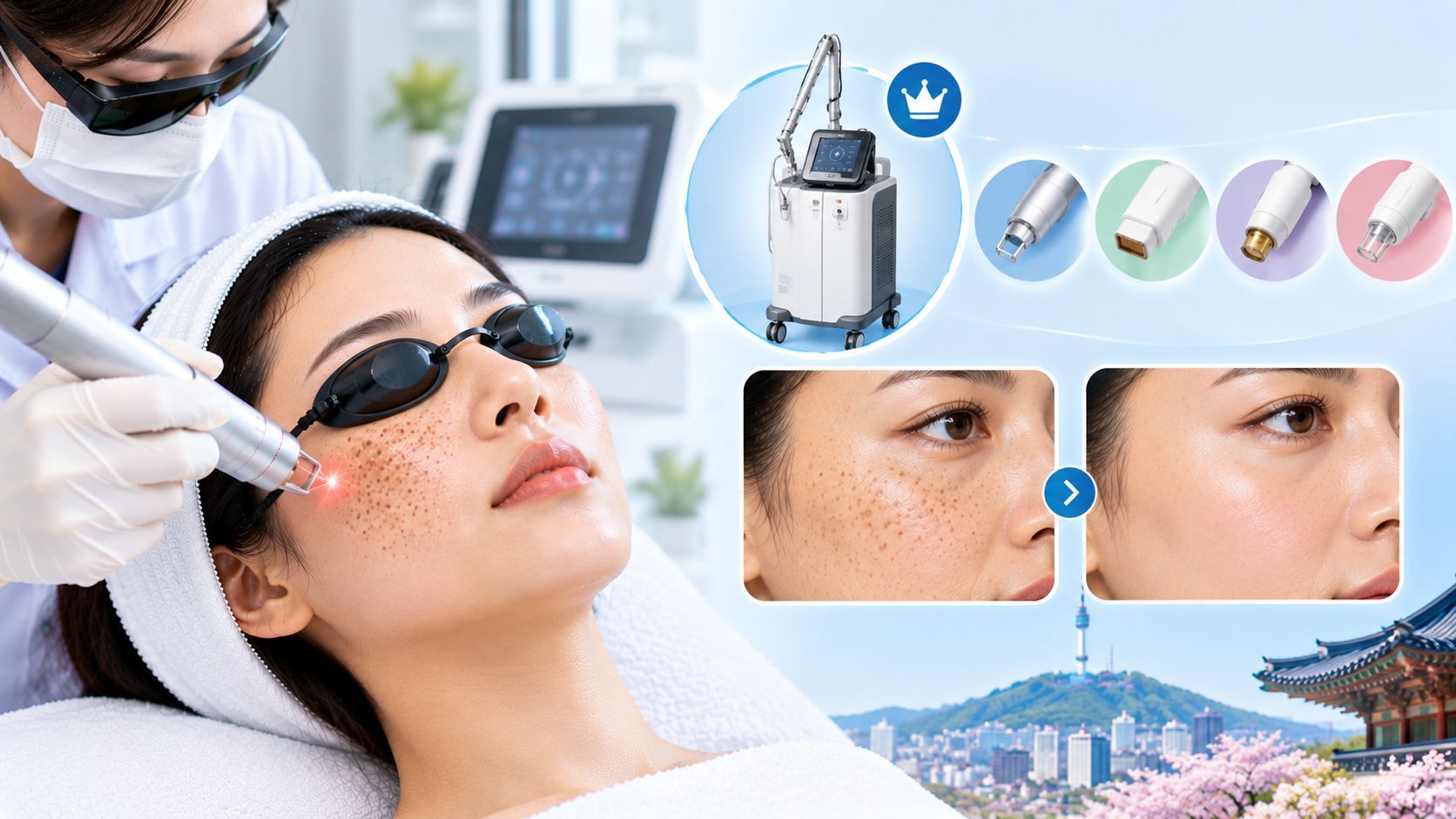 Korean laser treatment for freckles with a dermatologist and before-after skin comparison