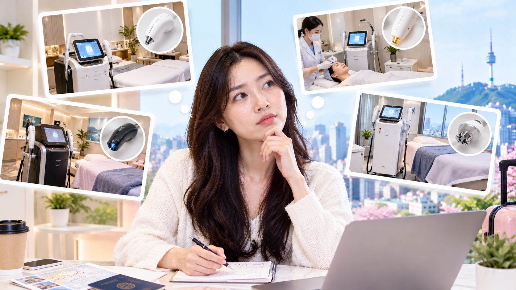 Woman comparing Seoul clinics with different laser machines and treatment options
