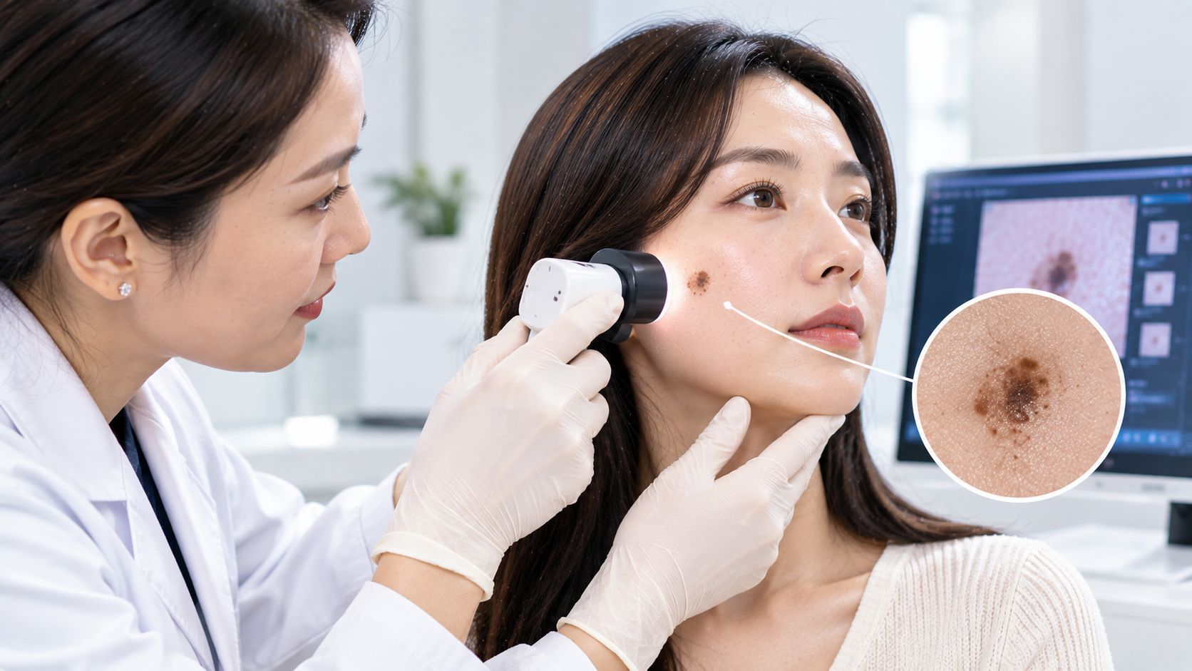 Dermatologist examining a new dark spot before laser treatment on facial skin