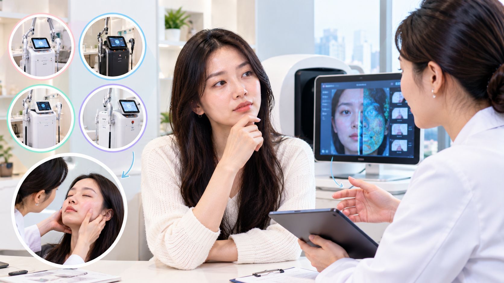 Woman consulting a Korean dermatologist about choosing the right skin treatment device