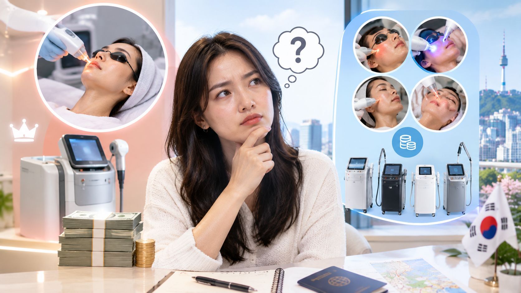 Woman comparing one expensive device treatment with several cheaper lasers in Seoul
I