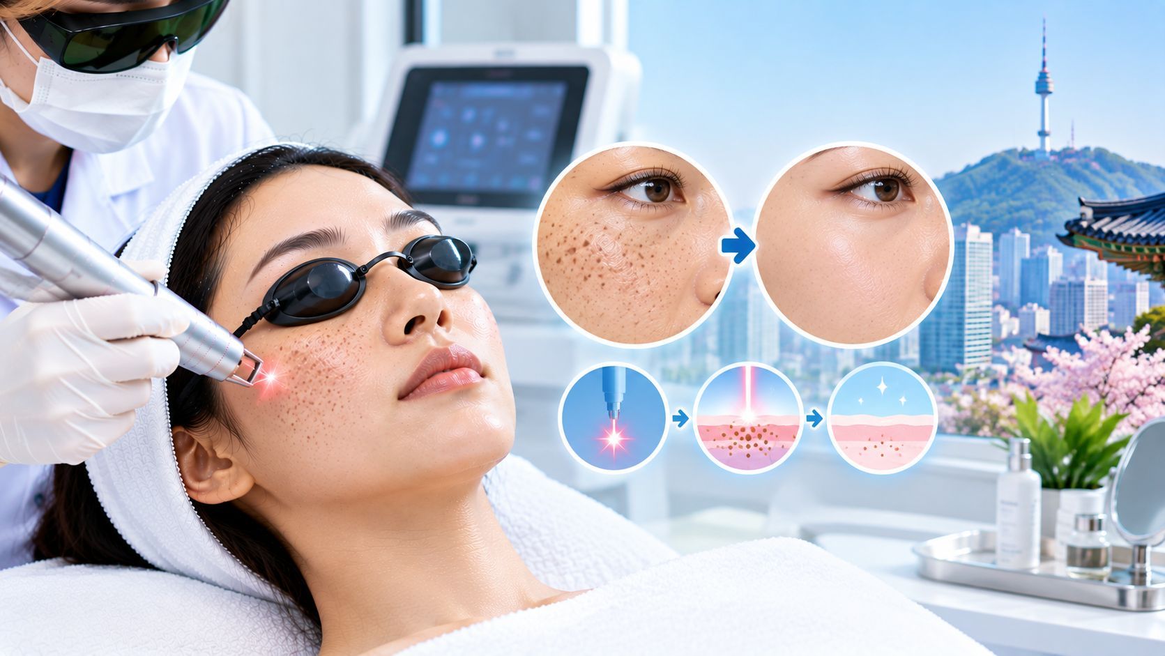 Freckle laser treatment in Korea with before and after facial skin comparison