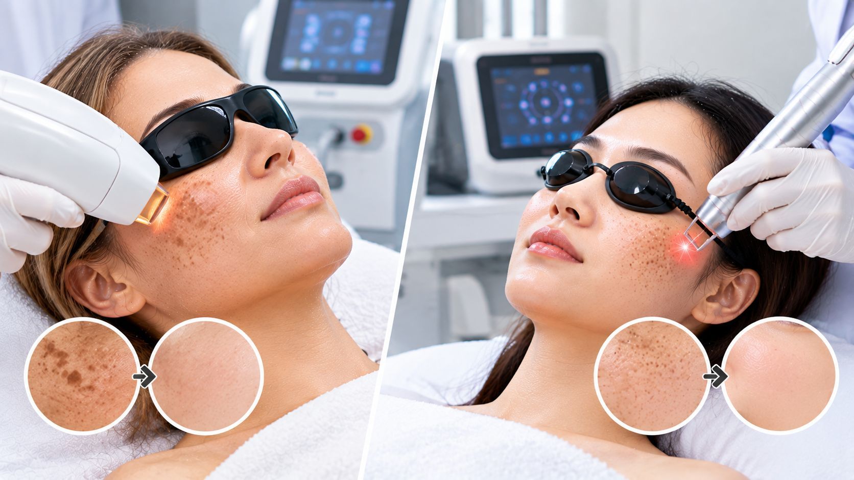 IPL and Pico laser treatments compared for sun-damaged skin in a dermatology clinic