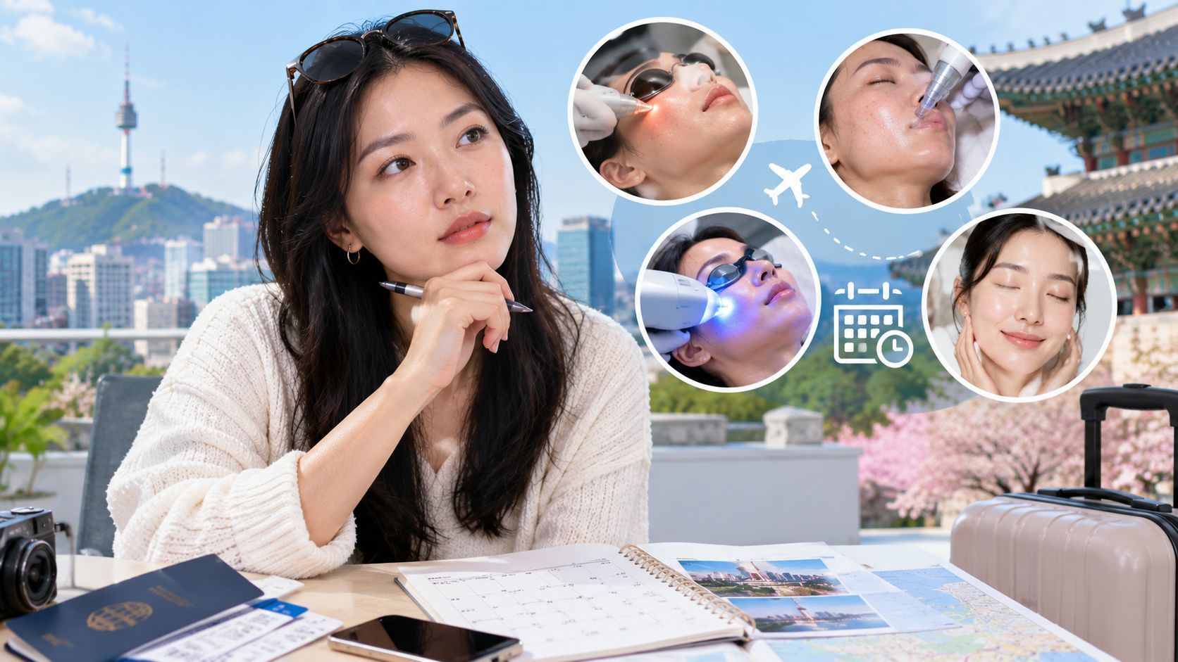 Woman planning device-based skin treatments during a five-day Korea trip