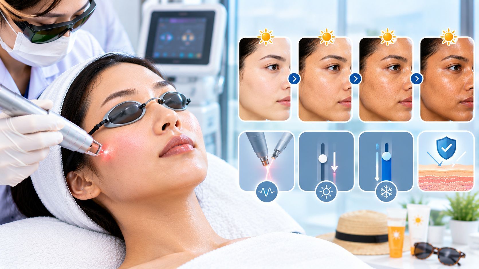 Laser treatment adjusted for skin that tans easily in a modern dermatology clinic
