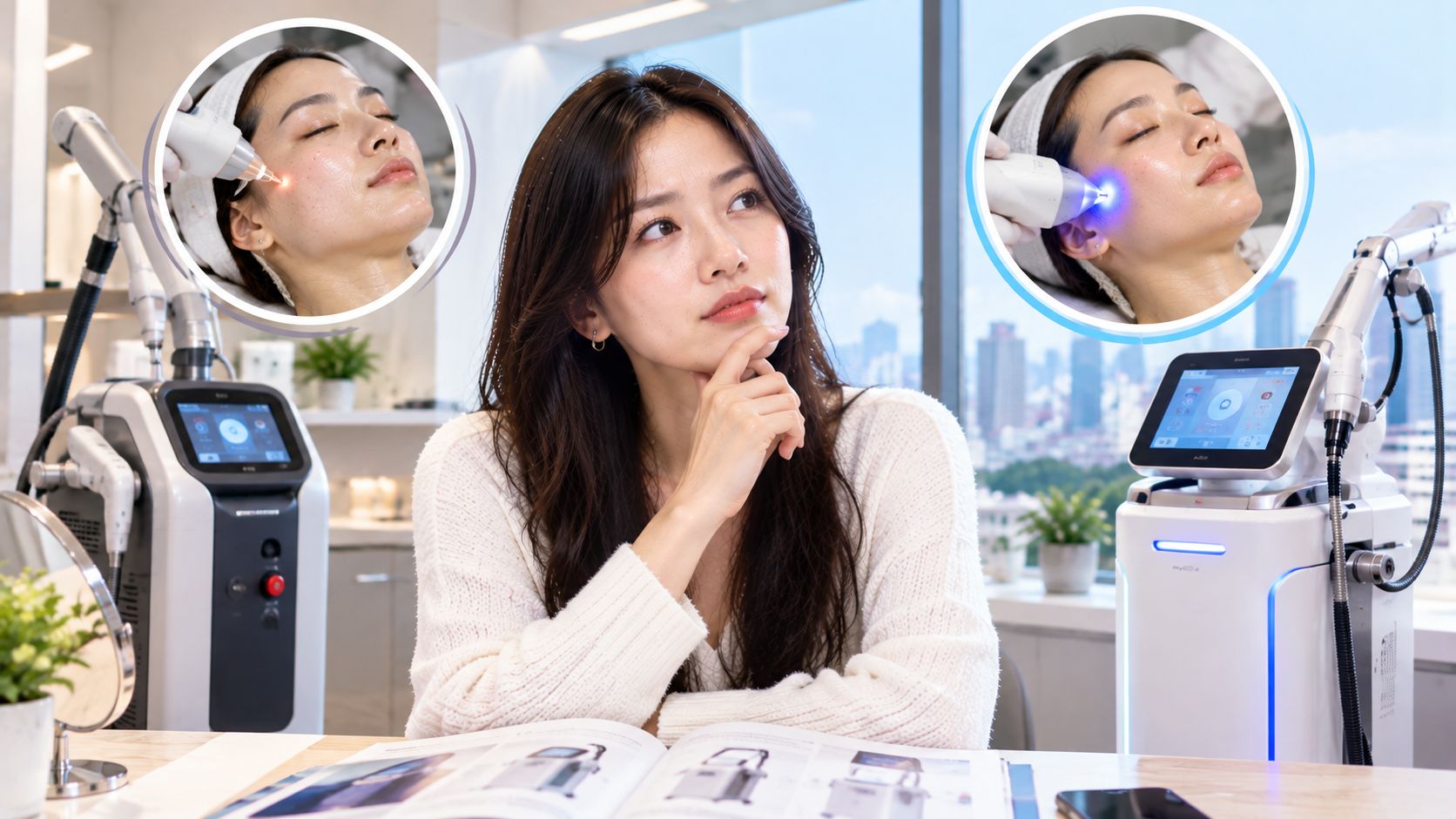 Woman comparing newer and older laser machines for skin treatment results