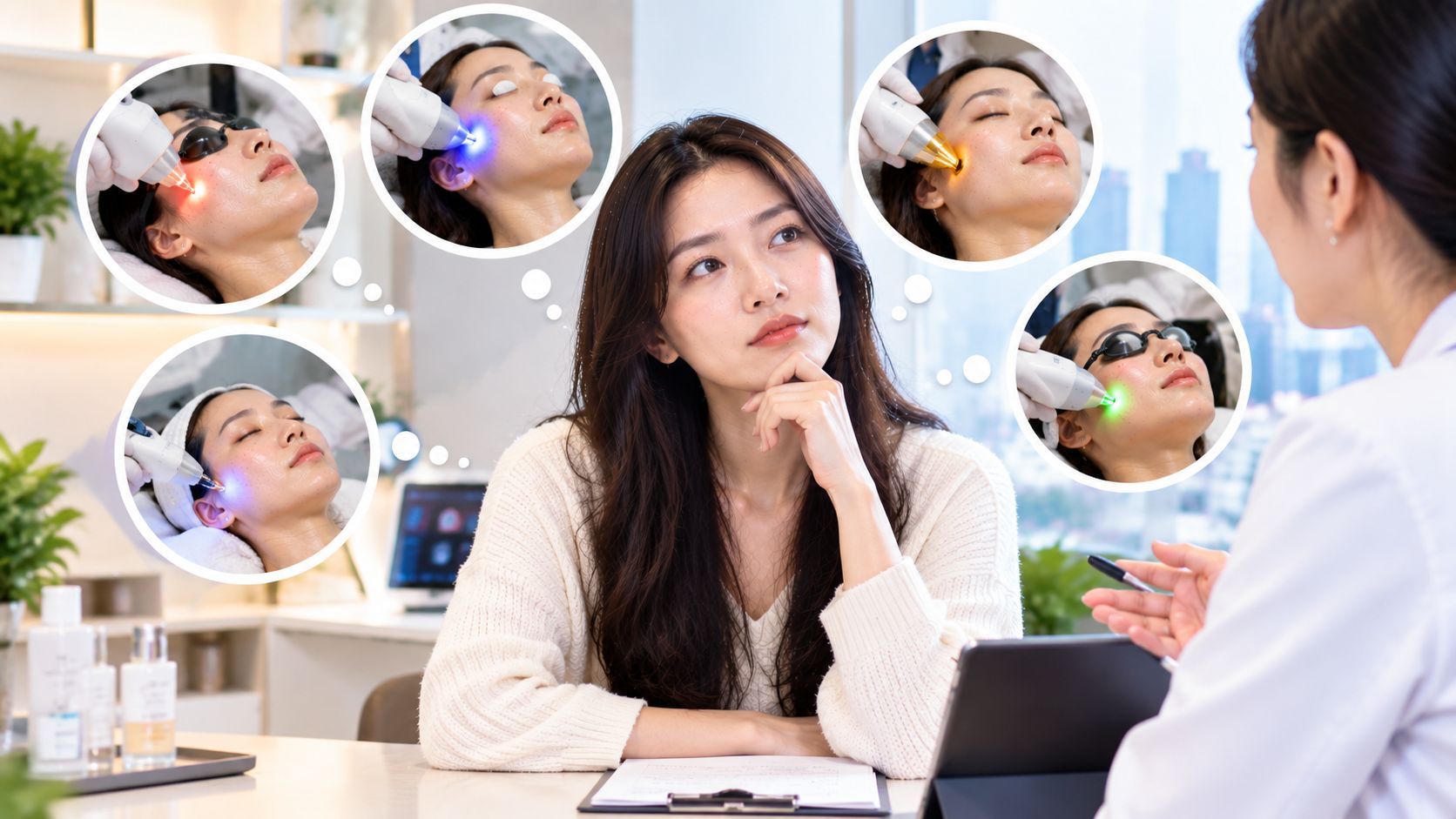 Woman discussing which single laser or device treatment to choose in Seoul