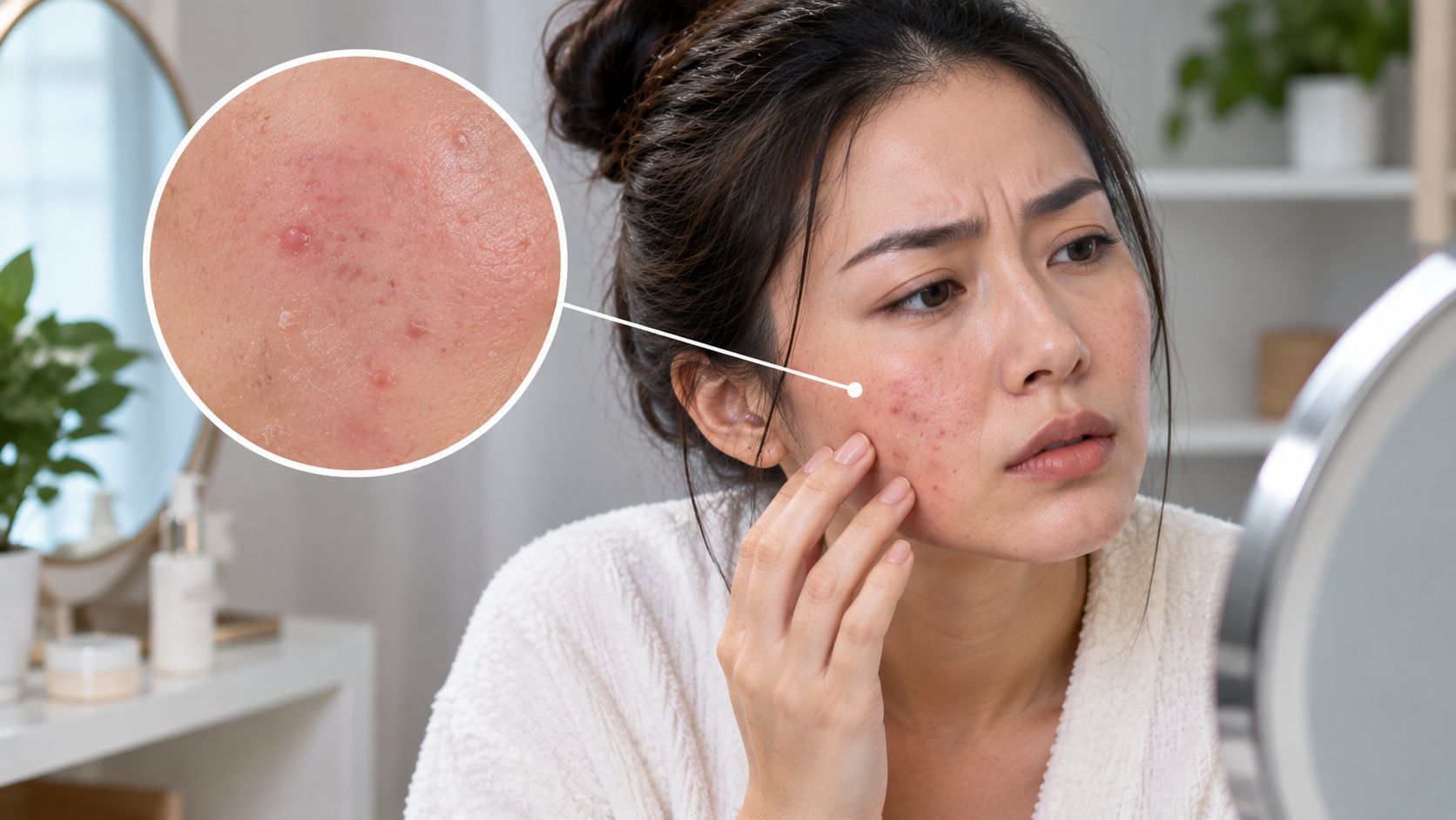 Woman examining irritated skin that is not healing after laser treatment