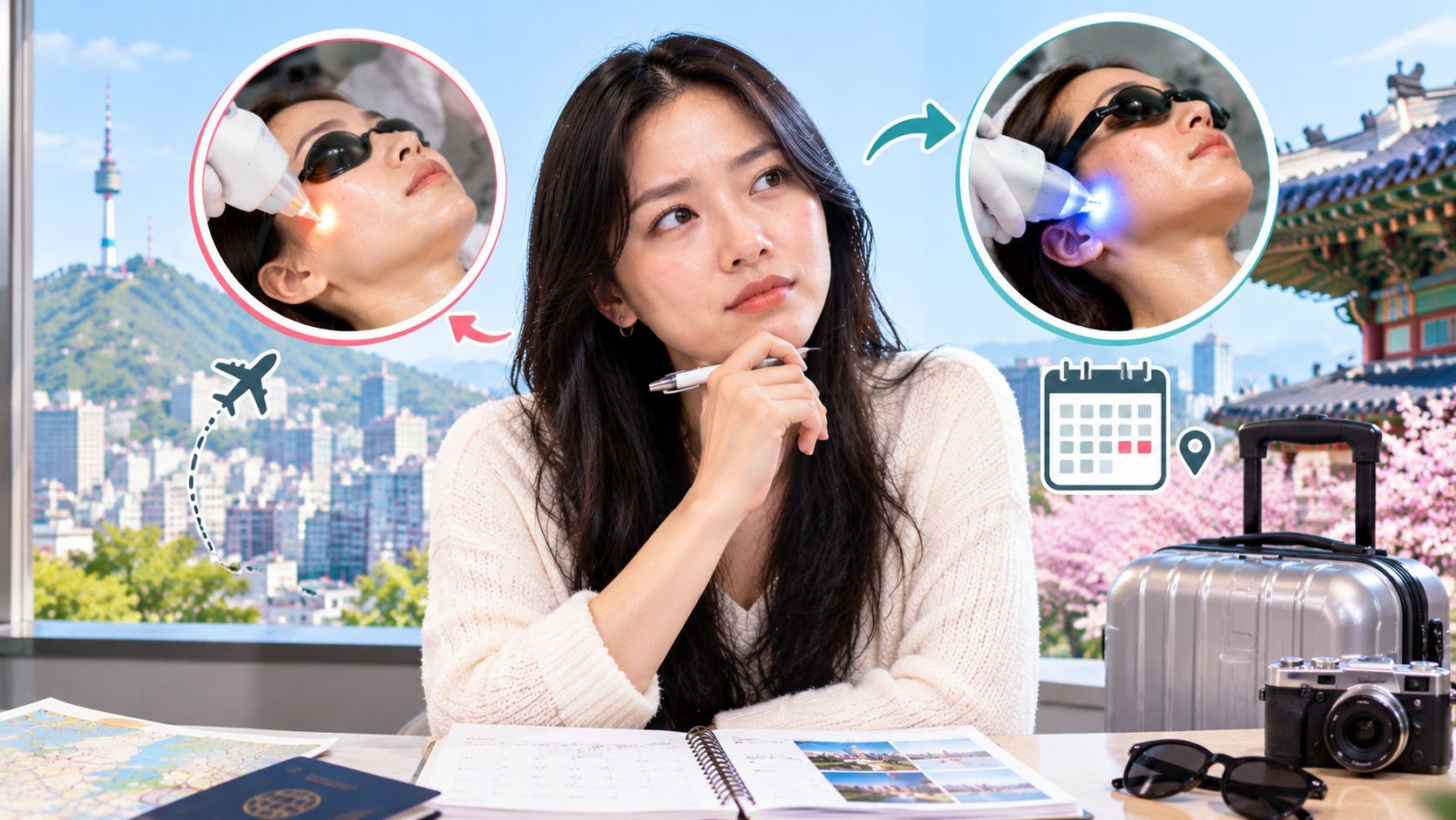 Woman planning when to schedule her strongest laser treatment in Seoul