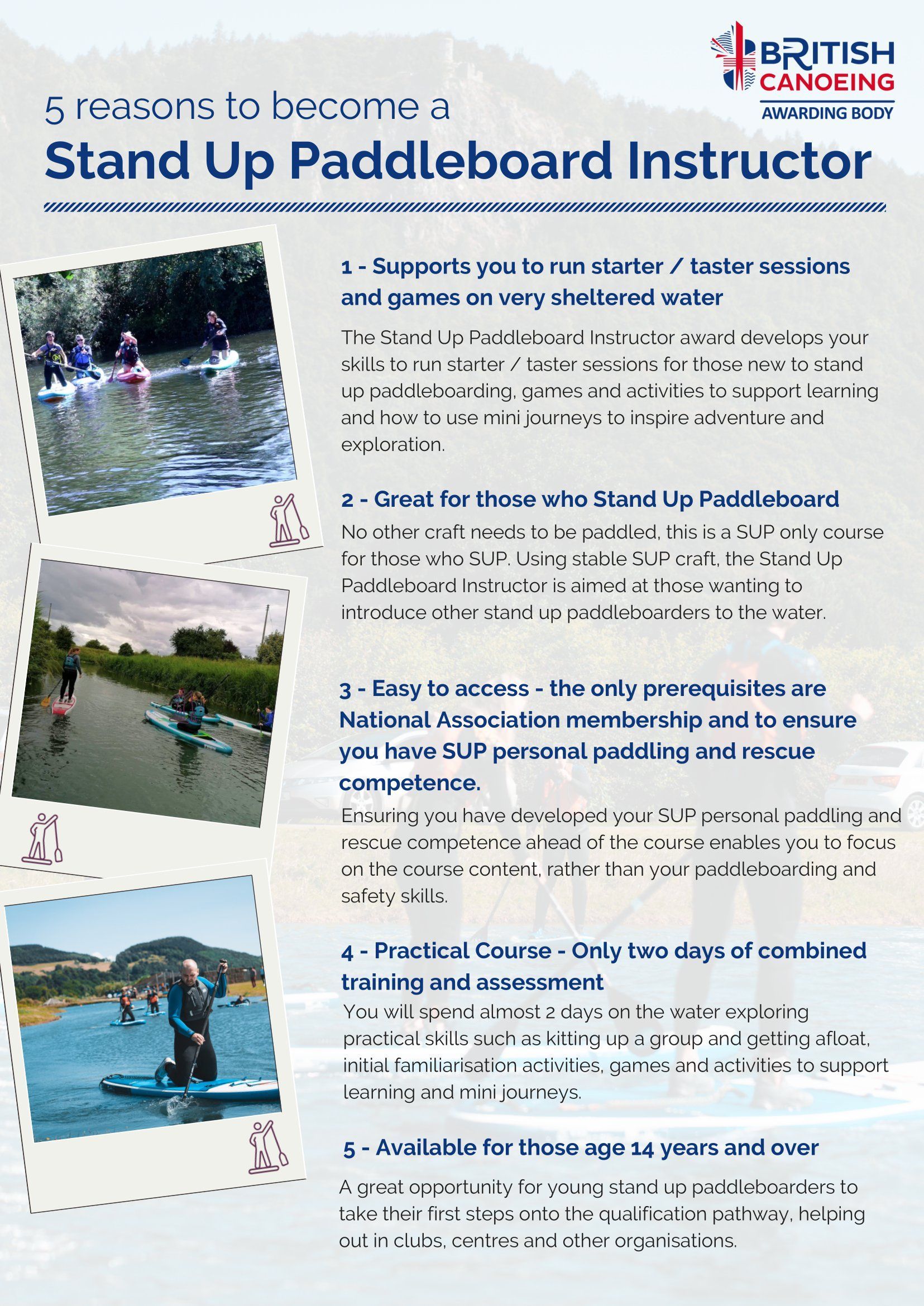 A poster explaining the reasons to become a stand up paddleboard instructor.