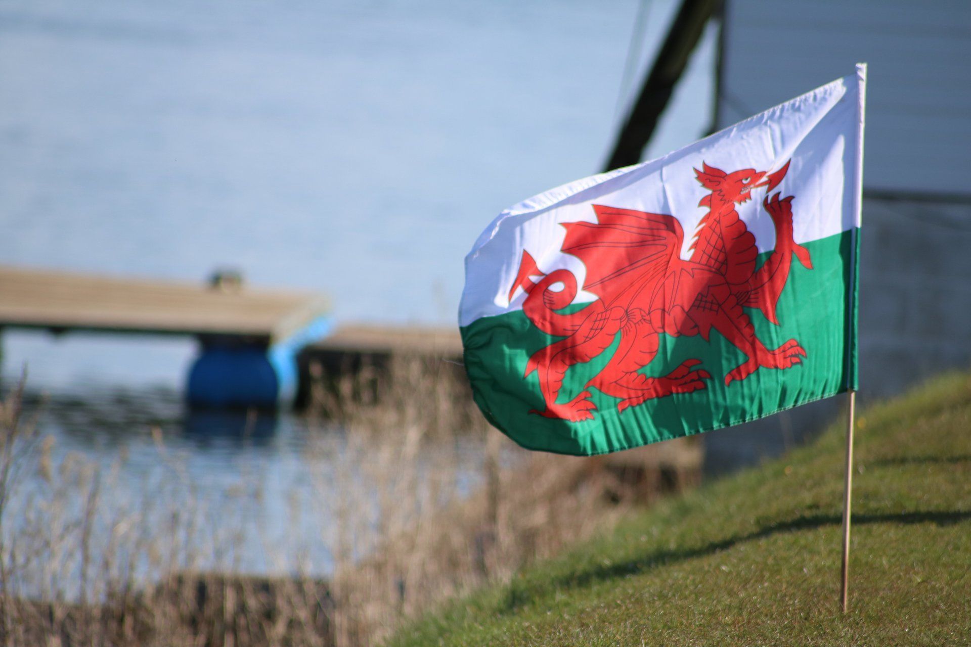 A welsh flag is flying in the wind on a pole.