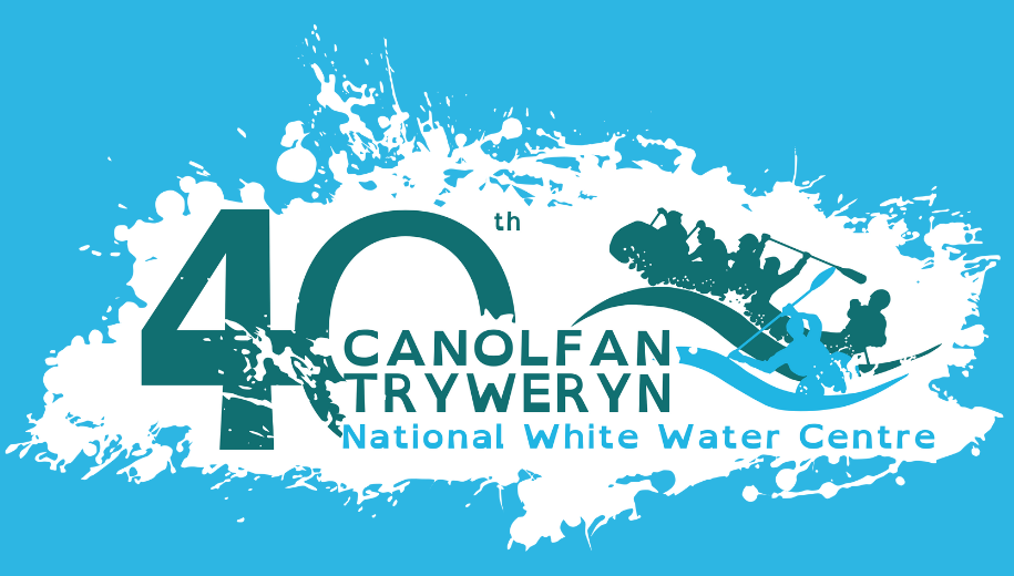 Logo ar gyfer 40 mlynedd ers sefydlu canolfan dwr gwyn cenedlaethol tryweryn