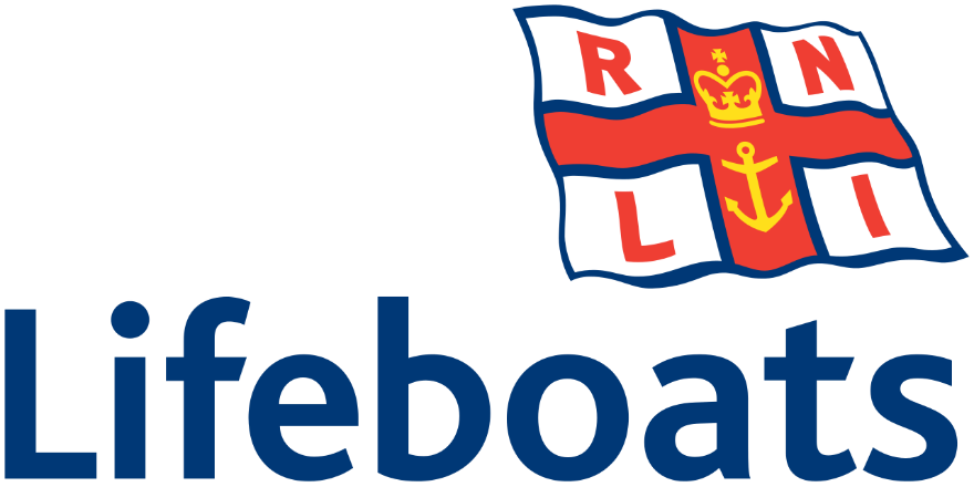 A logo for lifeboats with a flag and an anchor