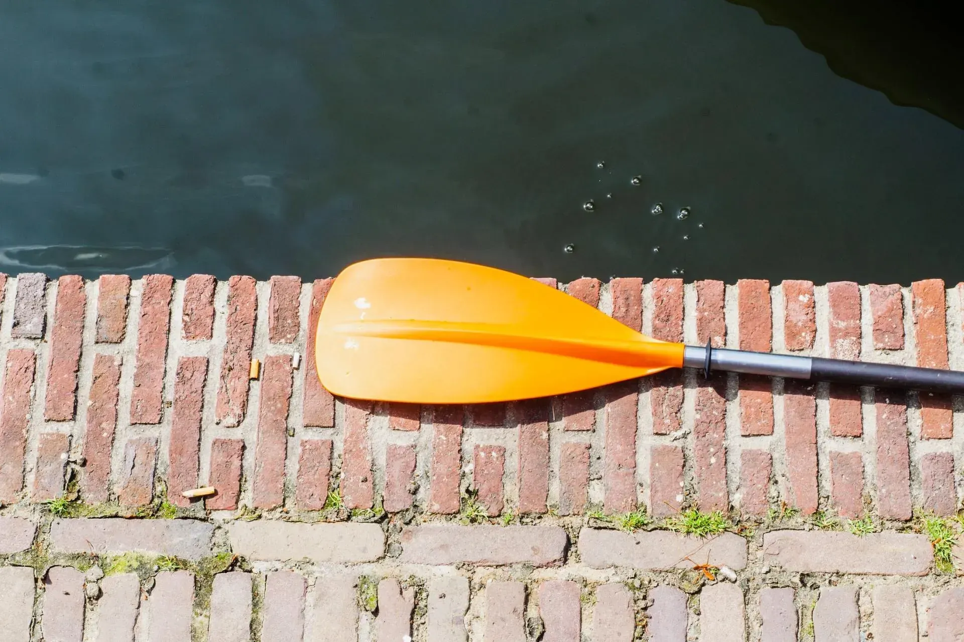 An orange paddle is sitting on a brick wall next to a body of water