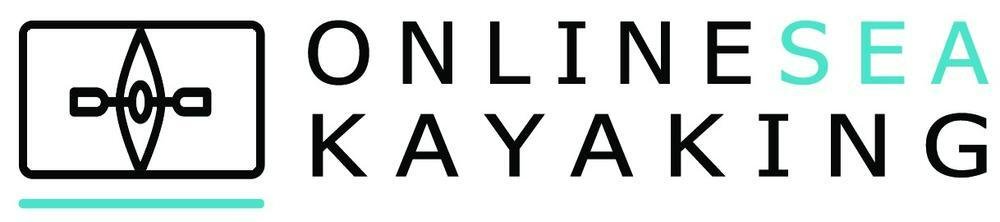 Logo ar gyfer caiacio môr ar-lein gyda chaiac mewn sgwâr.