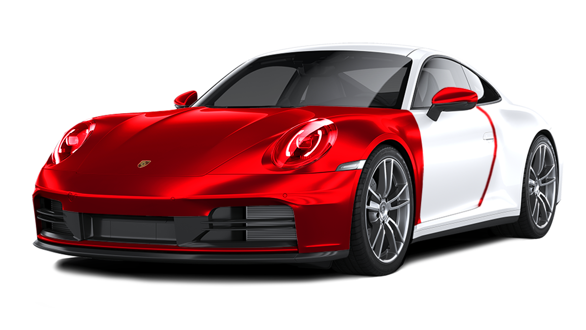 White Porsche 911 with teal front; isolated on white background.