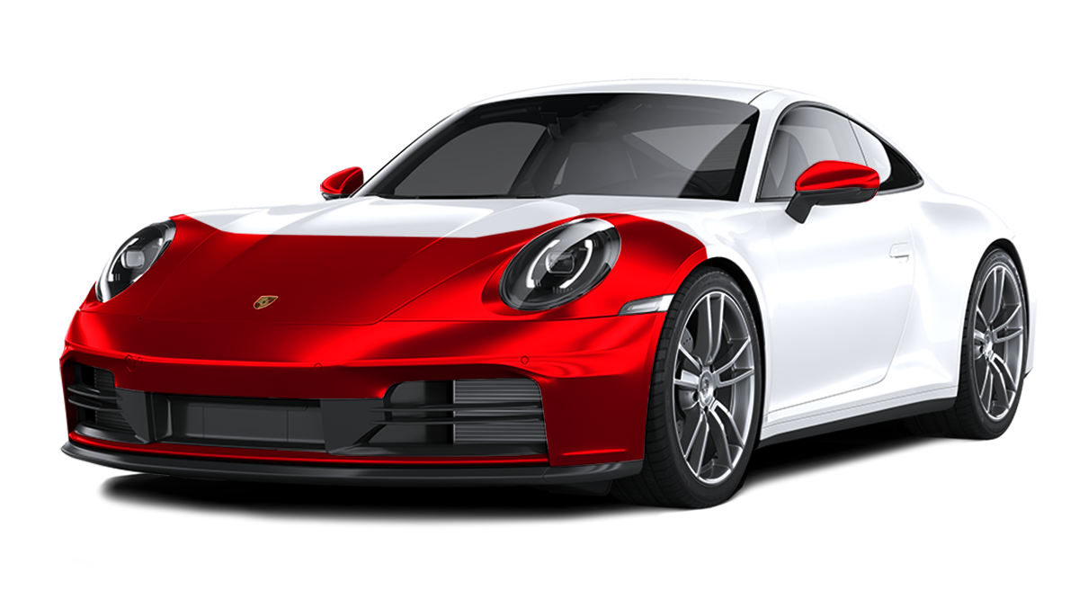 White Porsche 911 with teal front; isolated on white background.